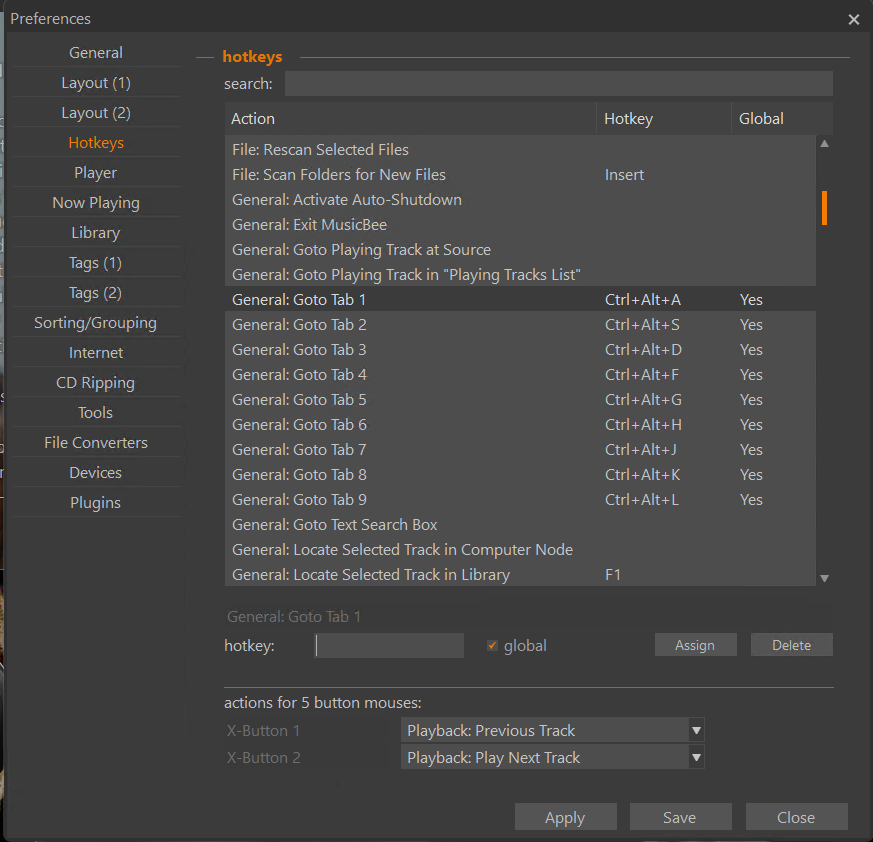 MusicBee Hotkey Configuration