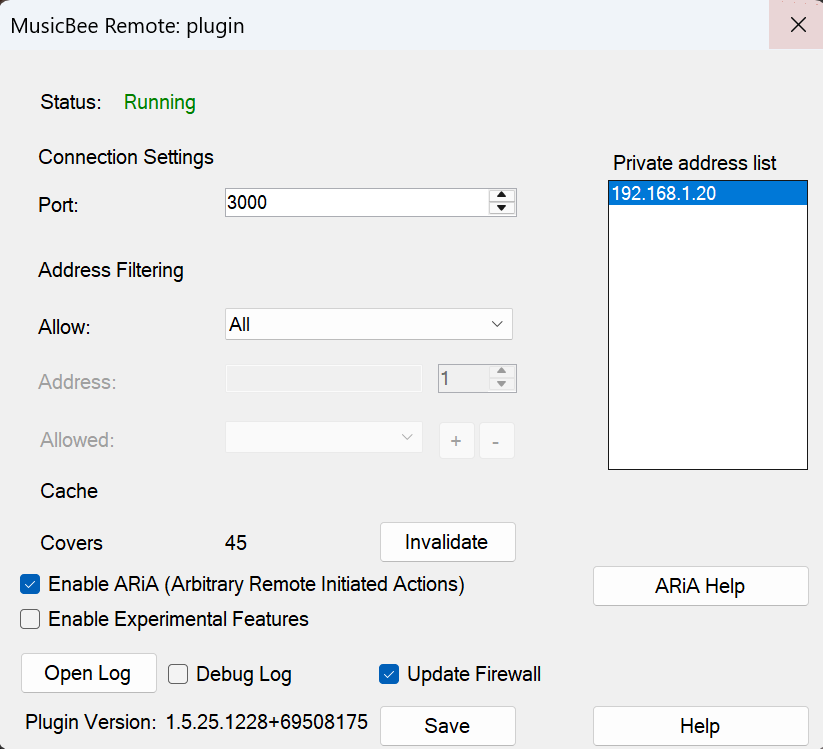 MusicBee Remote Plugin Settings Dialog