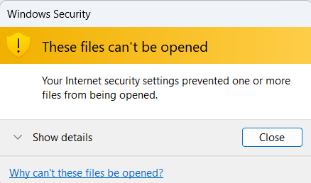 Windows Security dialog: These files can't be opened